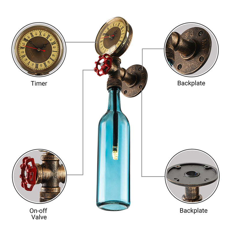 Braune/Blaue Flaschen Wandleuchte Lampe Vintage Stilvolle Glas 1 Glühbirne Wohnzimmer Wandbeleuchtung mit Manometer und Ventil