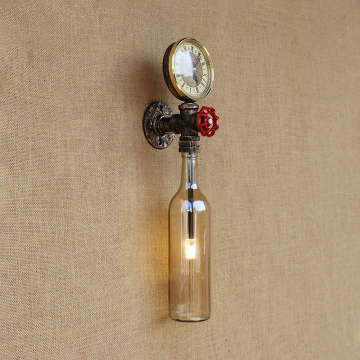 Braune/Blaue Flaschen Wandleuchte Lampe Vintage Stilvolle Glas 1 Glühbirne Wohnzimmer Wandbeleuchtung mit Manometer und Ventil