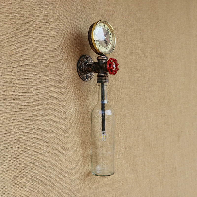 Braune/Blaue Flaschen Wandleuchte Lampe Vintage Stilvolle Glas 1 Glühbirne Wohnzimmer Wandbeleuchtung mit Manometer und Ventil