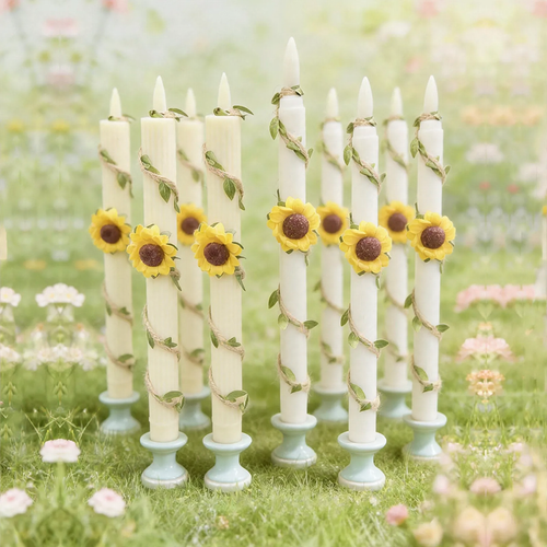 LED-Sonnenblumen-Kerze mit Sisalseil-Dekoration