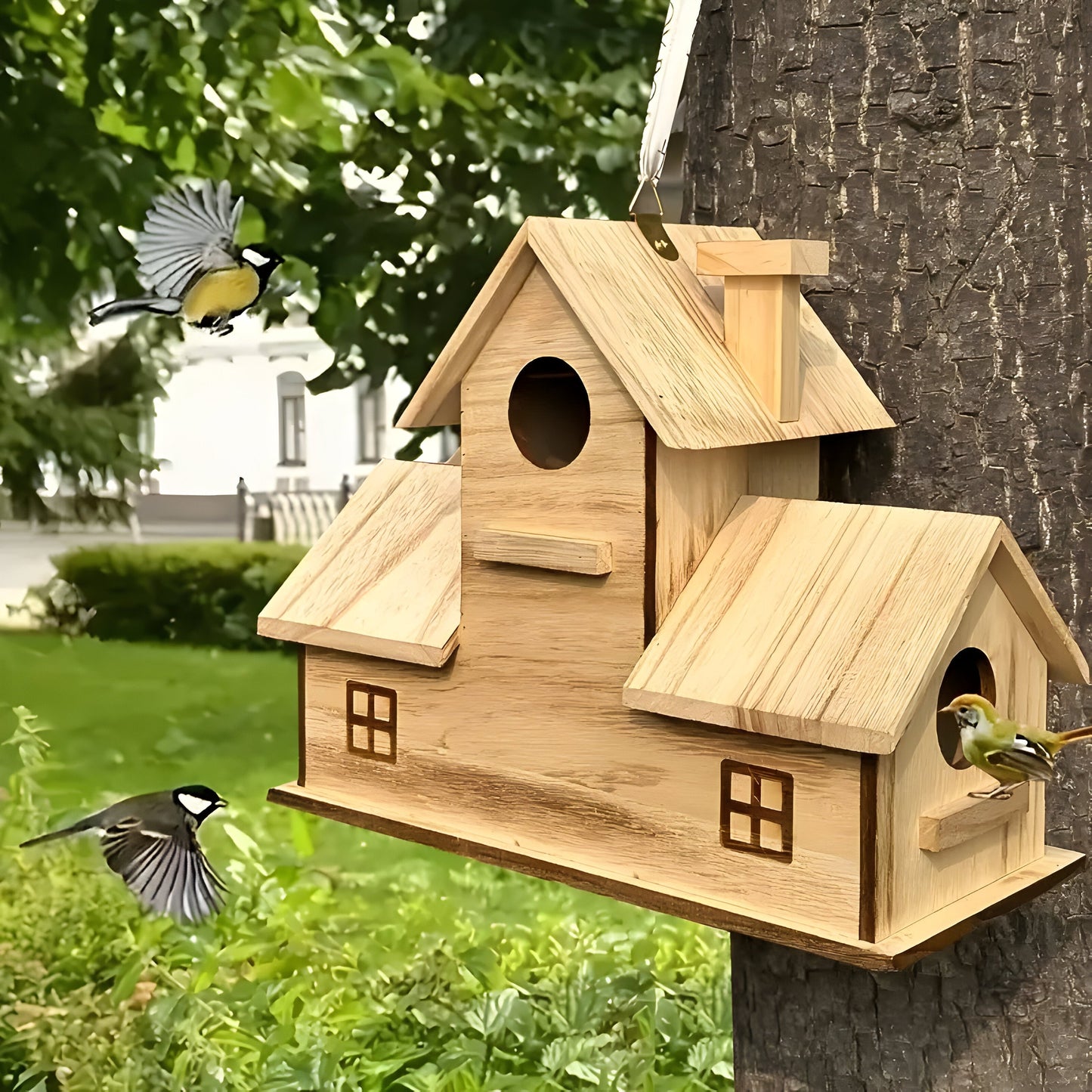 Waldvogelhaus - Hängendes Vogelhaus aus Holz mit 3 Einfluglöchern