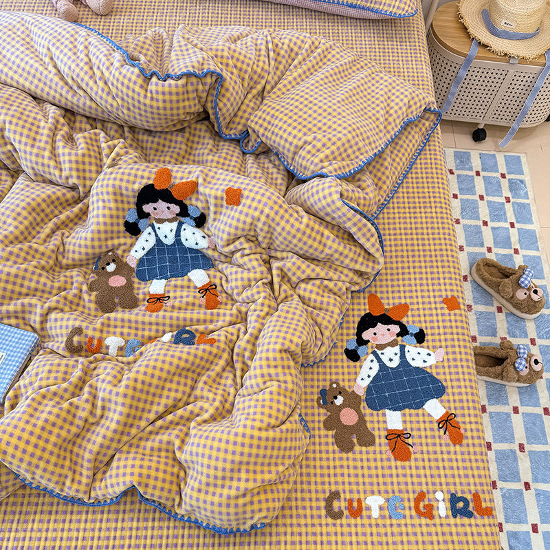 Milchfaser-Fleece-Bettwäsche-Set mit Cartoon-Stickerei