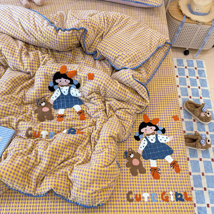 Milchfaser-Fleece-Bettwäsche-Set mit Cartoon-Stickerei