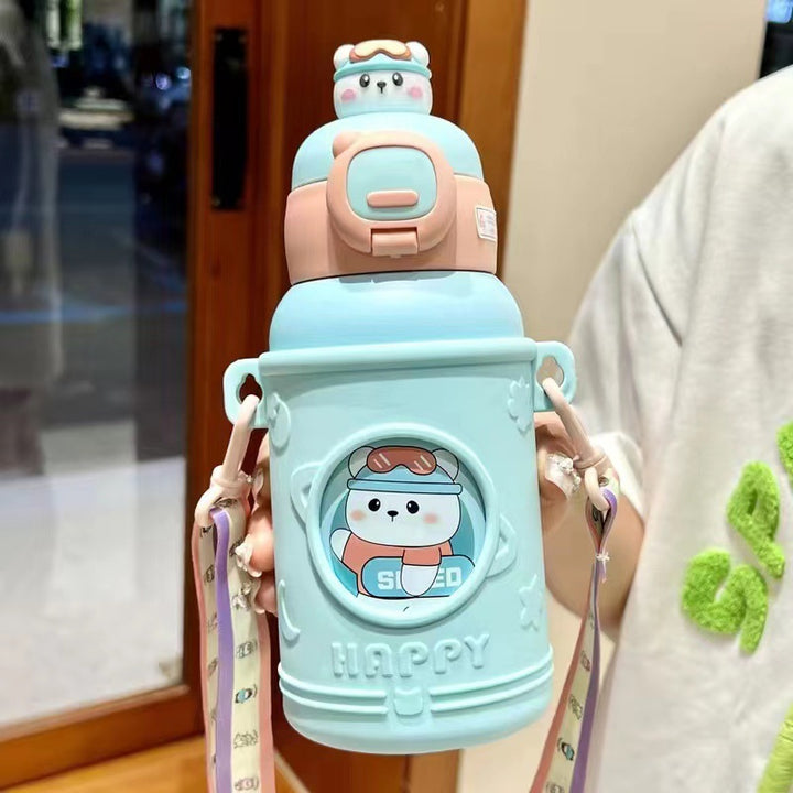Kinderthermosflasche mit Saugnapf und Trinkhalm