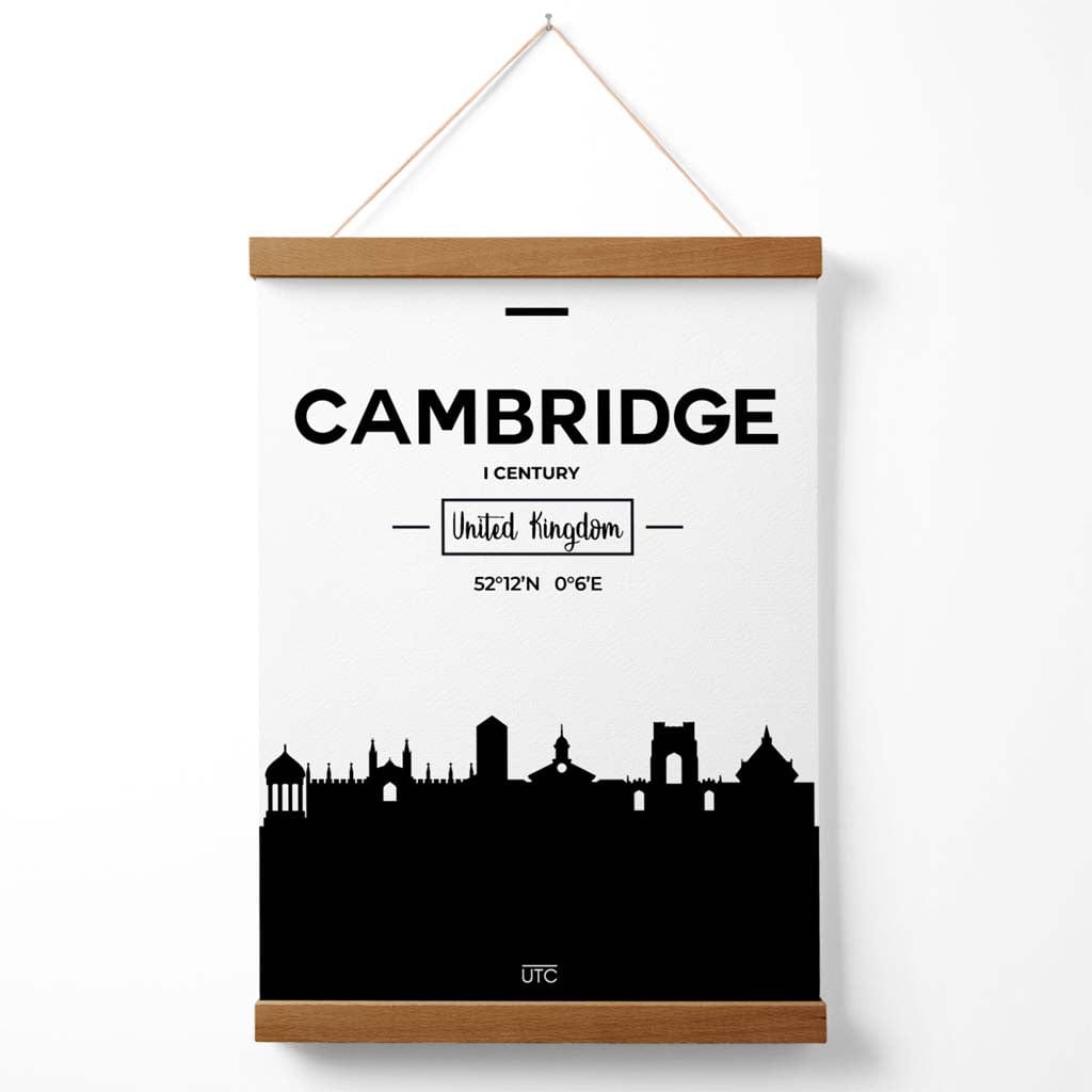 Cambridge-Stadtbildposter in Schwarz-Weiß mit Aufhänger