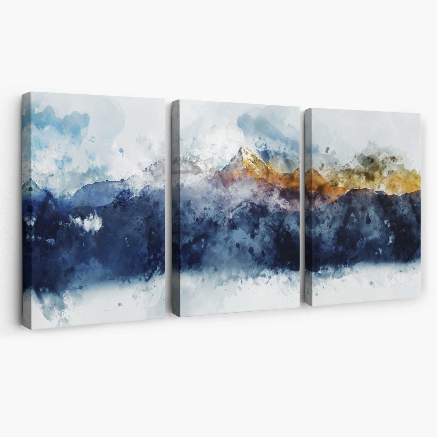 Abstraktes Wandbild mit blauen und gelben Bergen auf Leinwand
