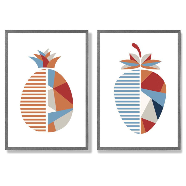 Set aus 2 Kunstdrucken mit geometrischem Erdbeermotiv in Blau und Orange