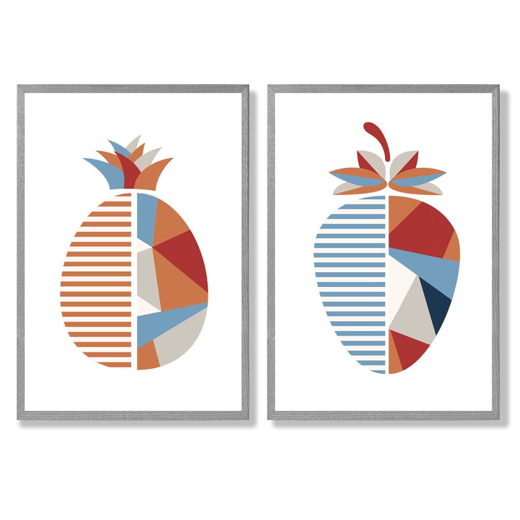 Set aus 2 Kunstdrucken mit geometrischem Erdbeermotiv in Blau und Orange