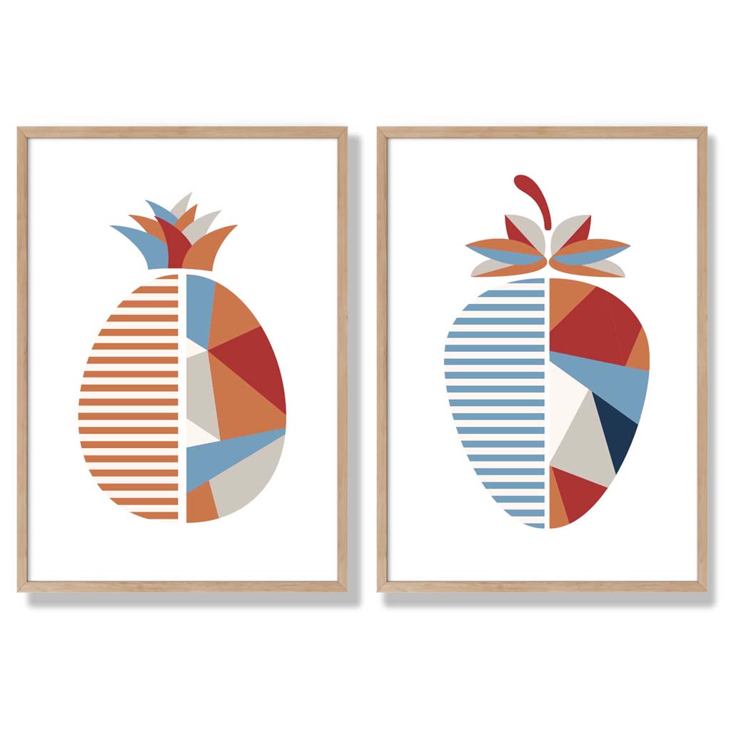 Set aus 2 Kunstdrucken mit geometrischem Erdbeermotiv in Blau und Orange