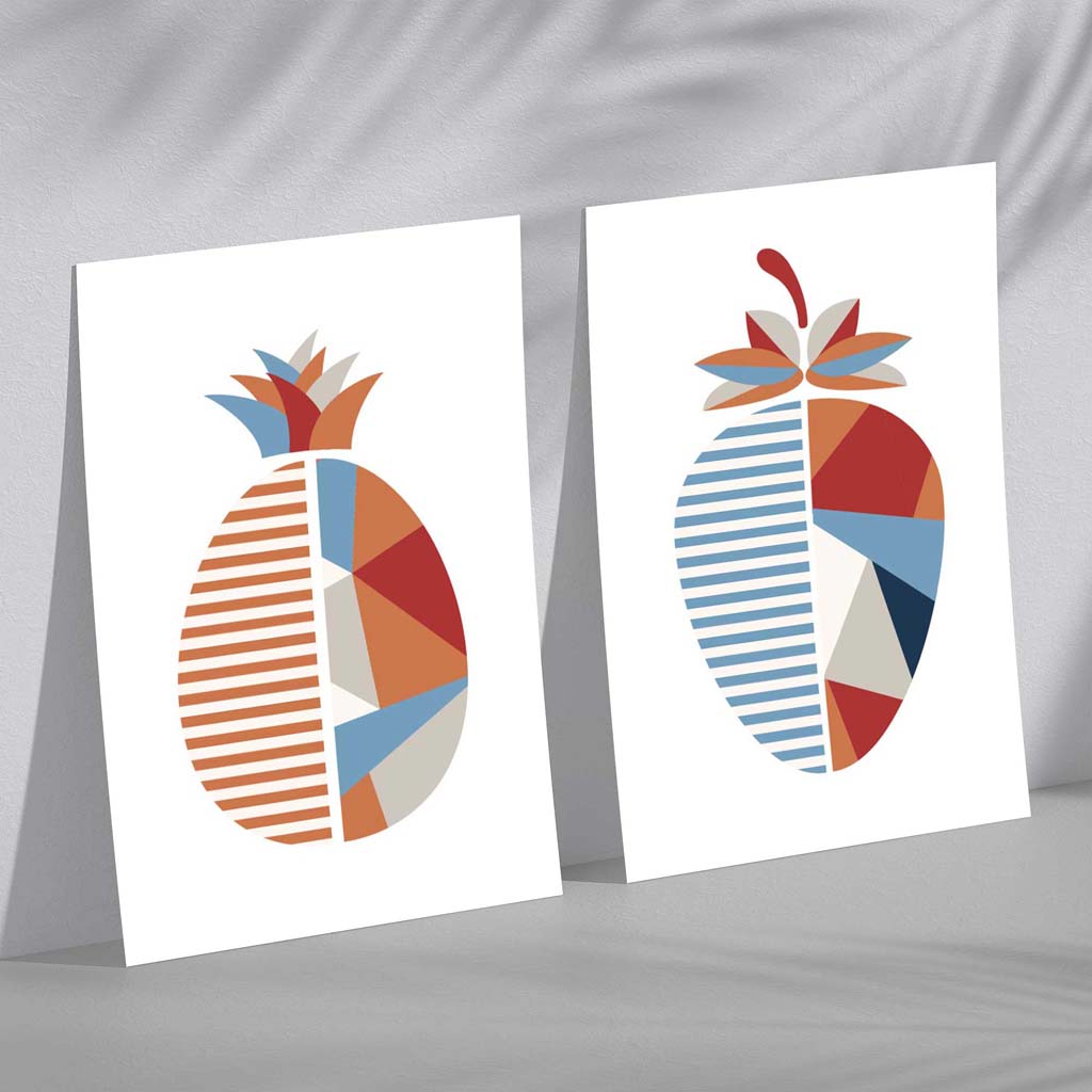 Set aus 2 Kunstdrucken mit geometrischem Erdbeermotiv in Blau und Orange