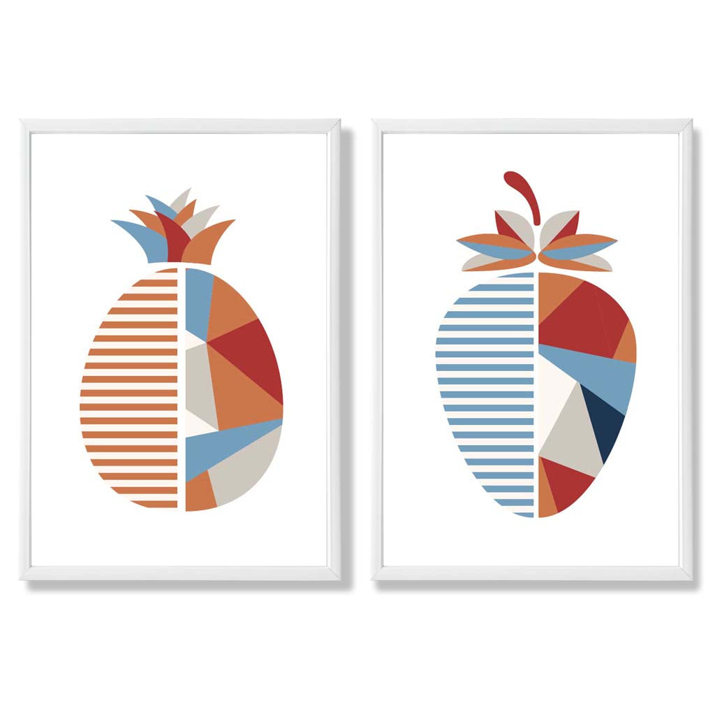 Set aus 2 Kunstdrucken mit geometrischem Erdbeermotiv in Blau und Orange