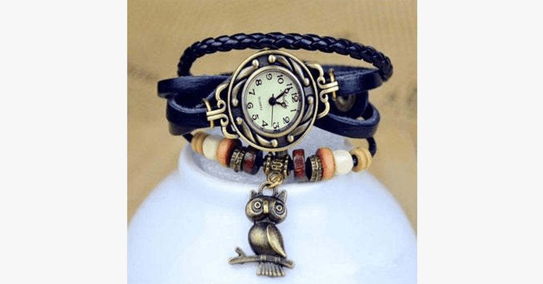 Vintage-Armbanduhr mit Eule und Boho-Chic-Armband – Gewebte Armbanduhr im Manschettenstil für einen trendigen Look!