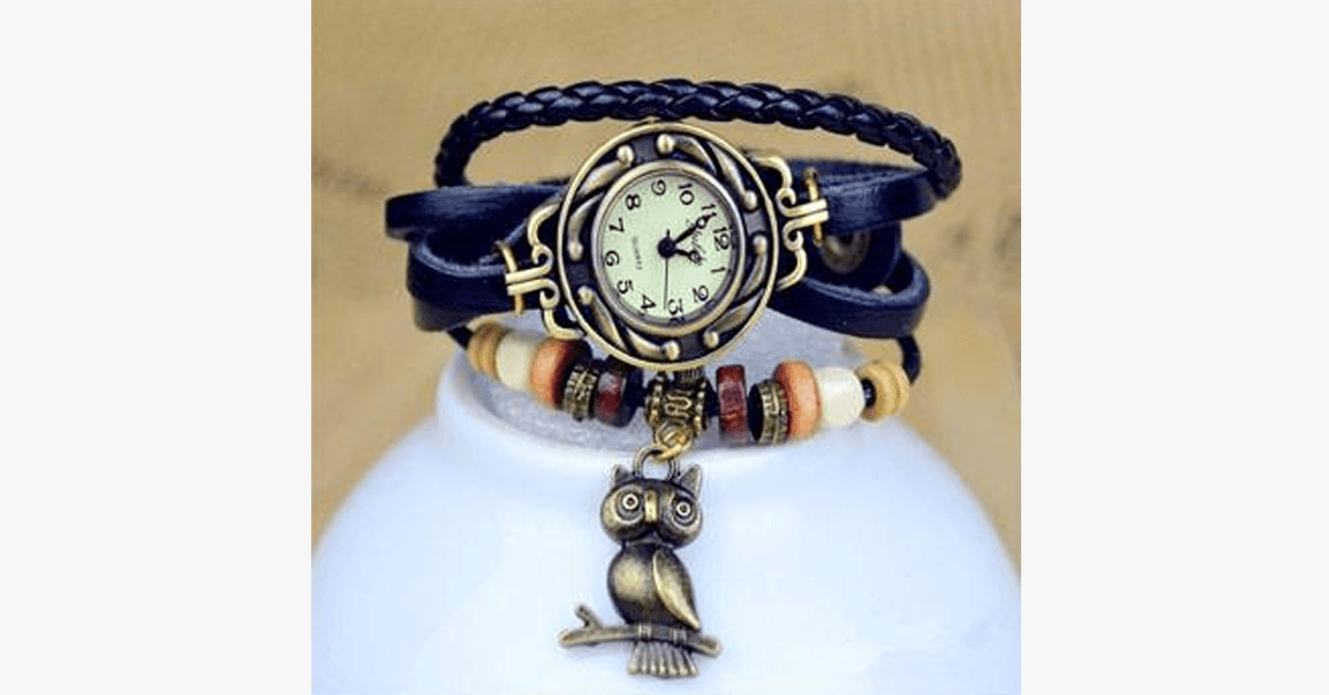 Vintage-Armbanduhr mit Eule und Boho-Chic-Armband – Gewebte Armbanduhr im Manschettenstil für einen trendigen Look!