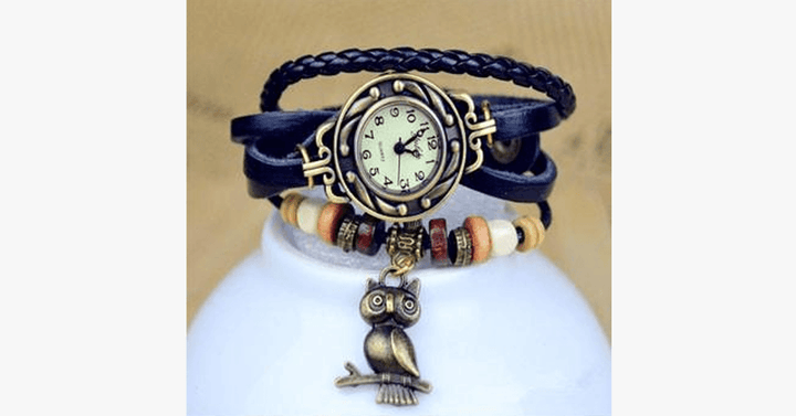 Vintage-Armbanduhr mit Eule und Boho-Chic-Armband – Gewebte Armbanduhr im Manschettenstil für einen trendigen Look!