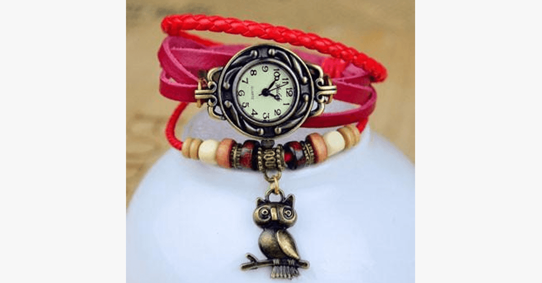 Vintage-Armbanduhr mit Eule und Boho-Chic-Armband – Gewebte Armbanduhr im Manschettenstil für einen trendigen Look!
