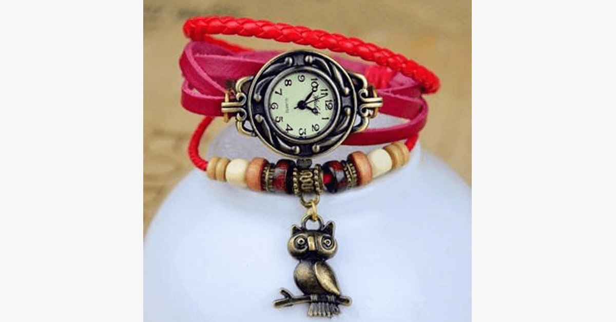 Vintage-Armbanduhr mit Eule und Boho-Chic-Armband – Gewebte Armbanduhr im Manschettenstil für einen trendigen Look!