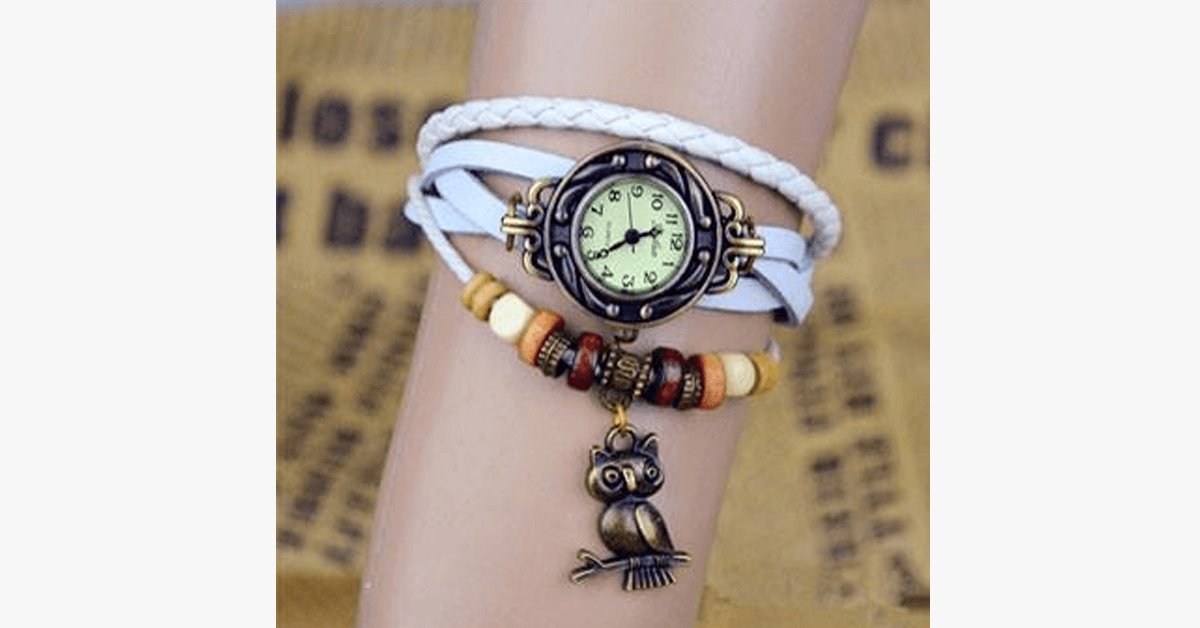 Vintage-Armbanduhr mit Eule und Boho-Chic-Armband – Gewebte Armbanduhr im Manschettenstil für einen trendigen Look!