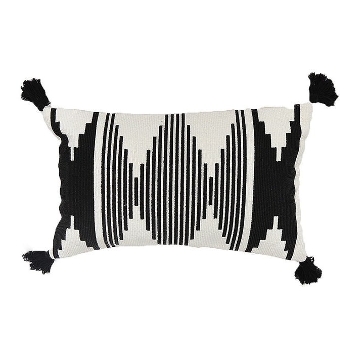 Rechteckiger Jacquard-Lumbarkissenbezug mit geometrischem Ethno-Relief und dekorativen Quasten Karnz