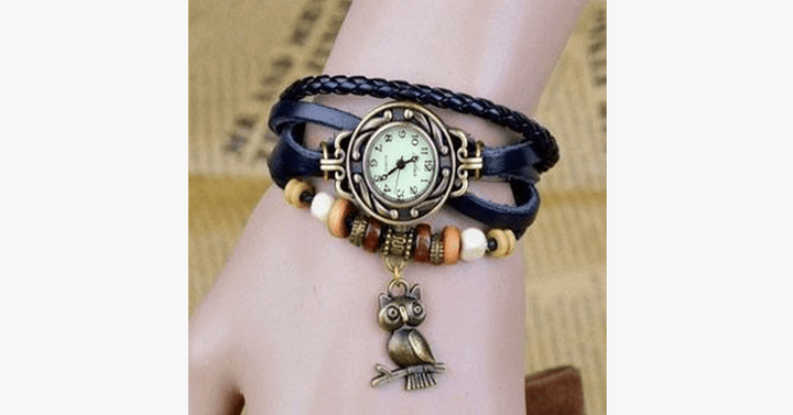 Vintage-Armbanduhr mit Eule und Boho-Chic-Armband – Gewebte Armbanduhr im Manschettenstil für einen trendigen Look!