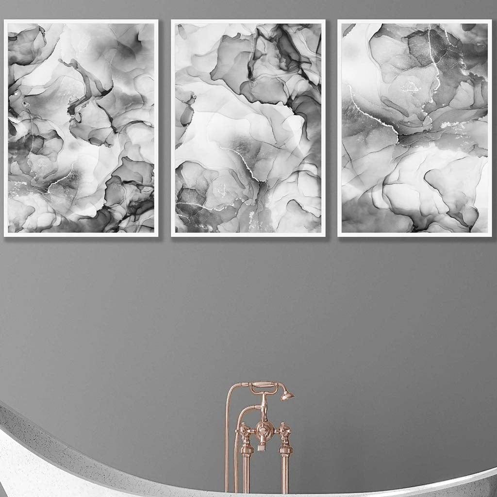 Abstraktes florales Muster in Grau, 3er-Set Wandbilder | Gerahmt