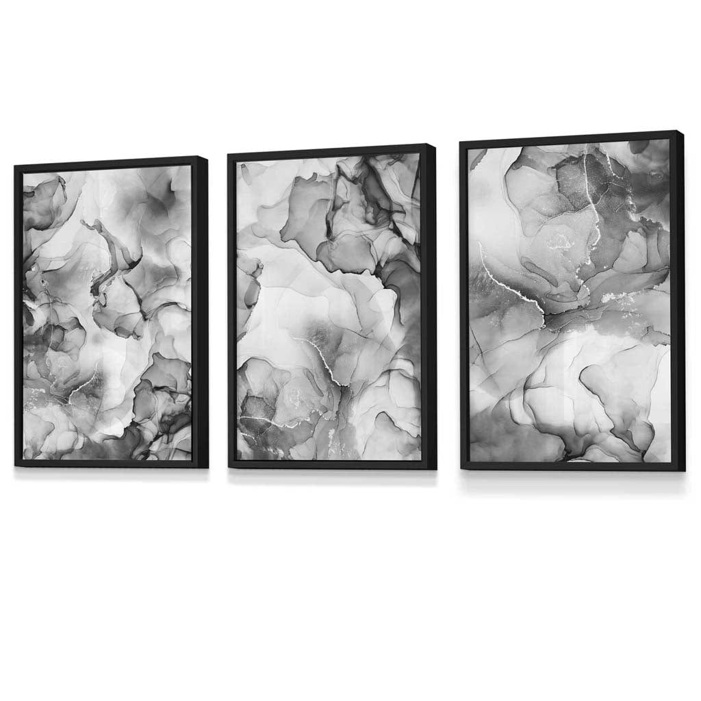 Abstraktes florales Muster in Grau, 3er-Set Wandbilder | Gerahmt