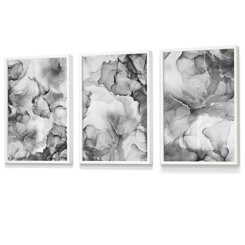 Abstraktes florales Muster in Grau, 3er-Set Wandbilder | Gerahmt