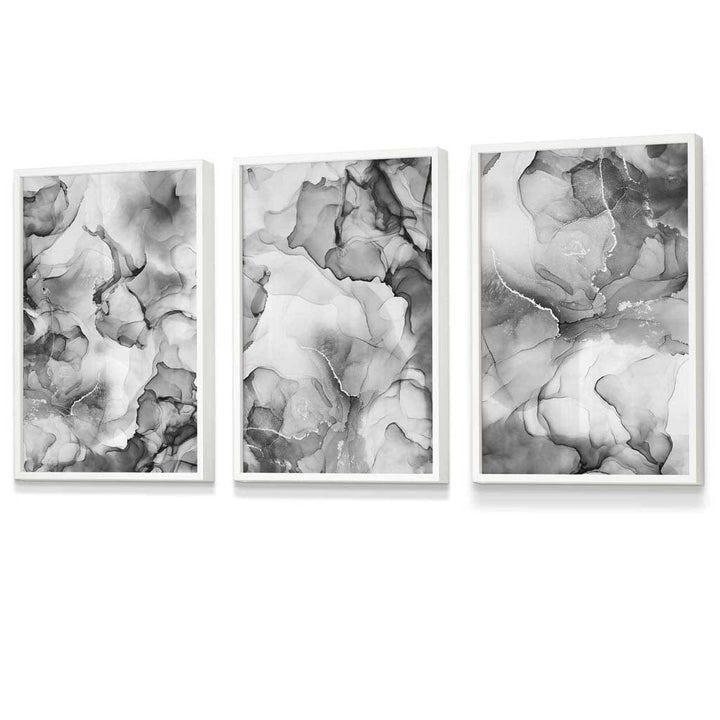Abstraktes florales Muster in Grau, 3er-Set Wandbilder | Gerahmt