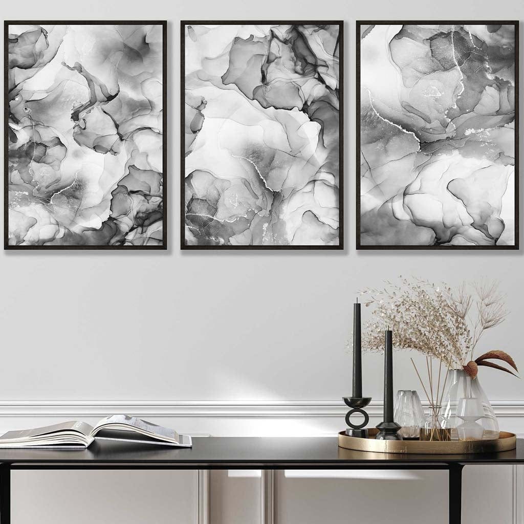 Abstraktes florales Muster in Grau, 3er-Set Wandbilder | Gerahmt