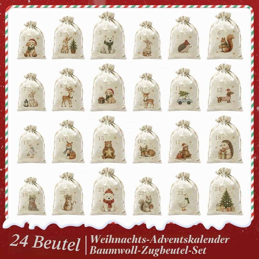Adventskalender-Set mit 24 Baumwoll-Leinen-Beuteln