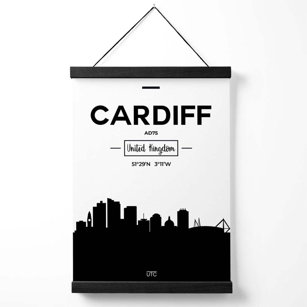 Cardiff-Stadtbildposter (Schwarz-Weiß) mit Aufhänger