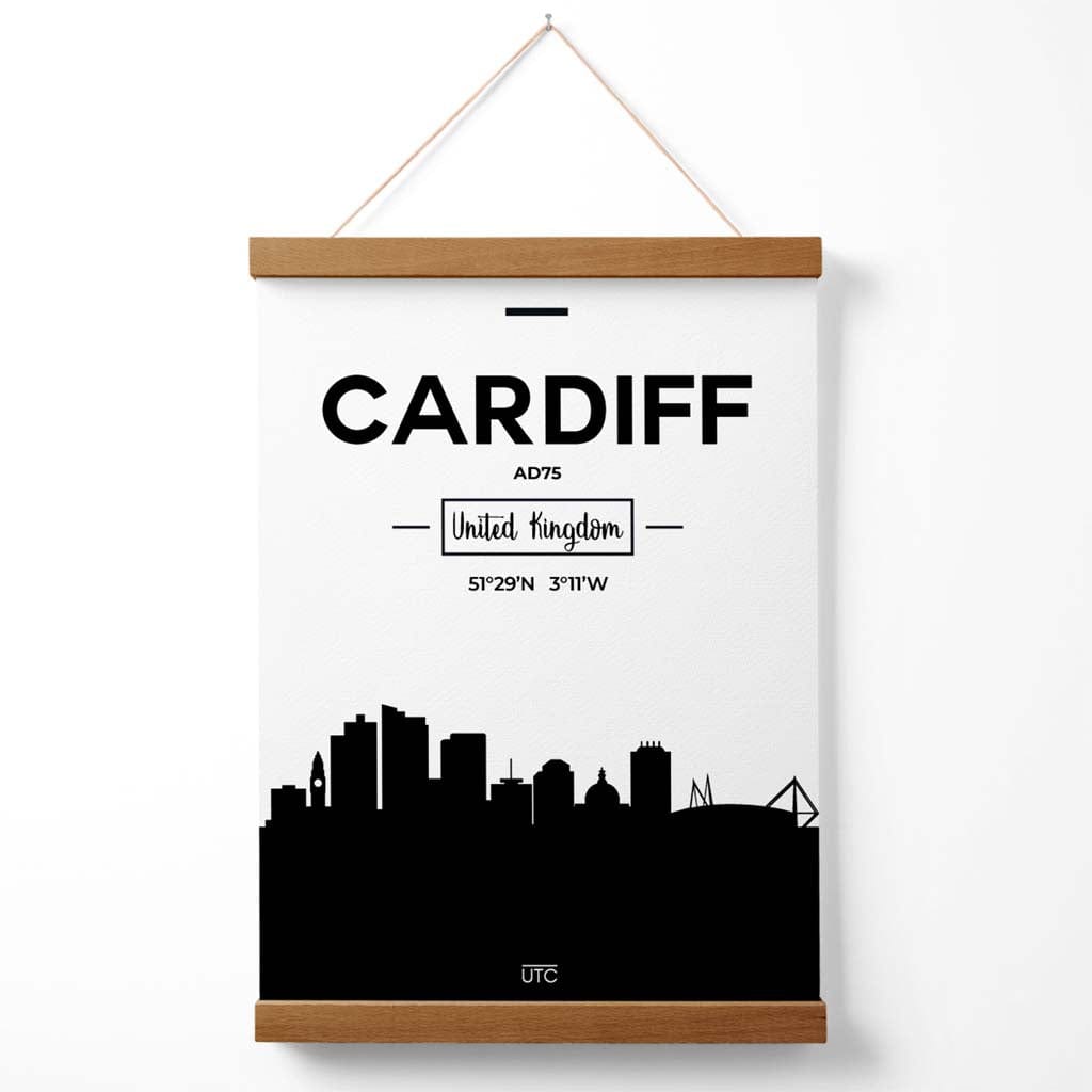 Cardiff-Stadtbildposter (Schwarz-Weiß) mit Aufhänger