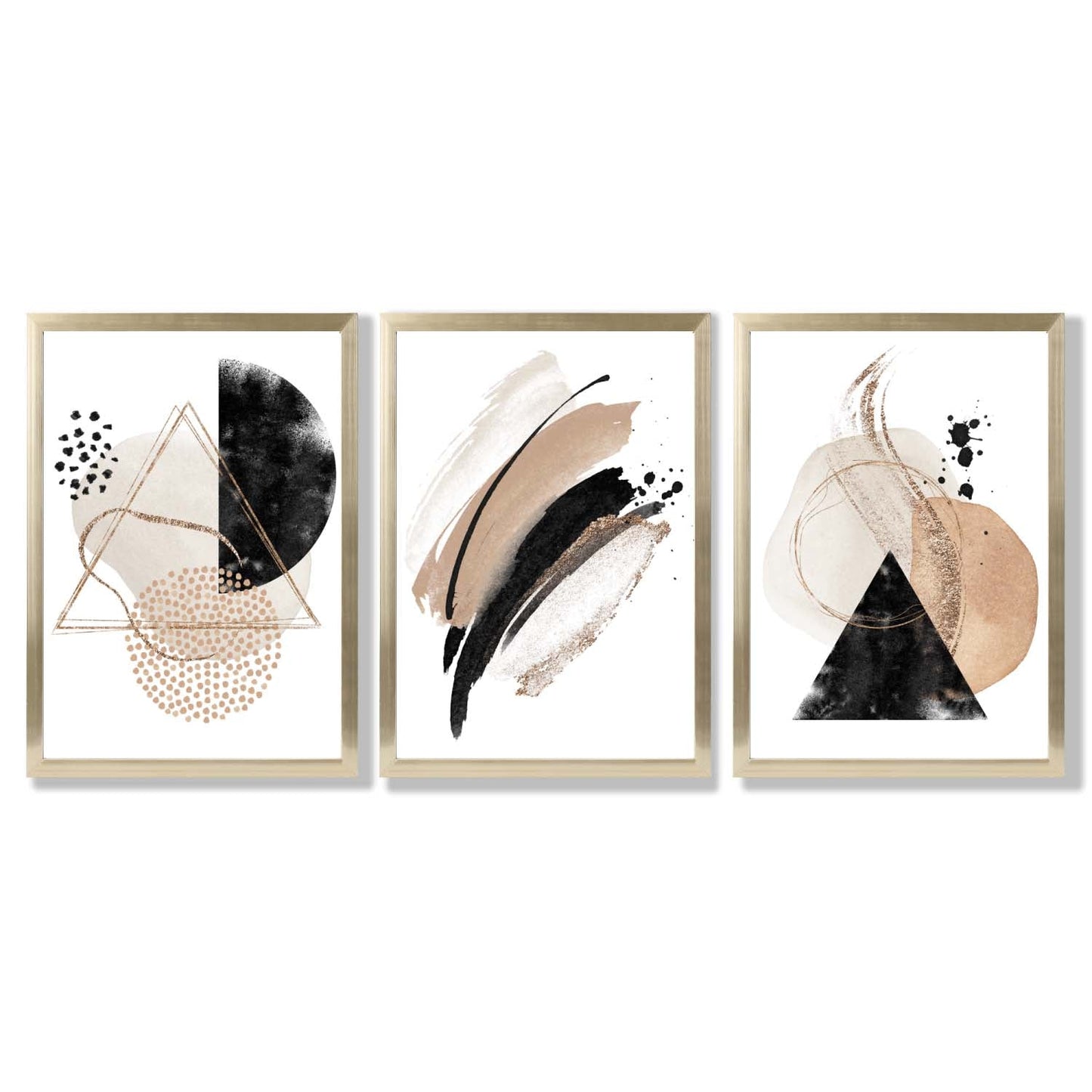 Abstraktes, schwarz-beiges Set aus 3 Aquarellformen, gerahmte Wandbilder