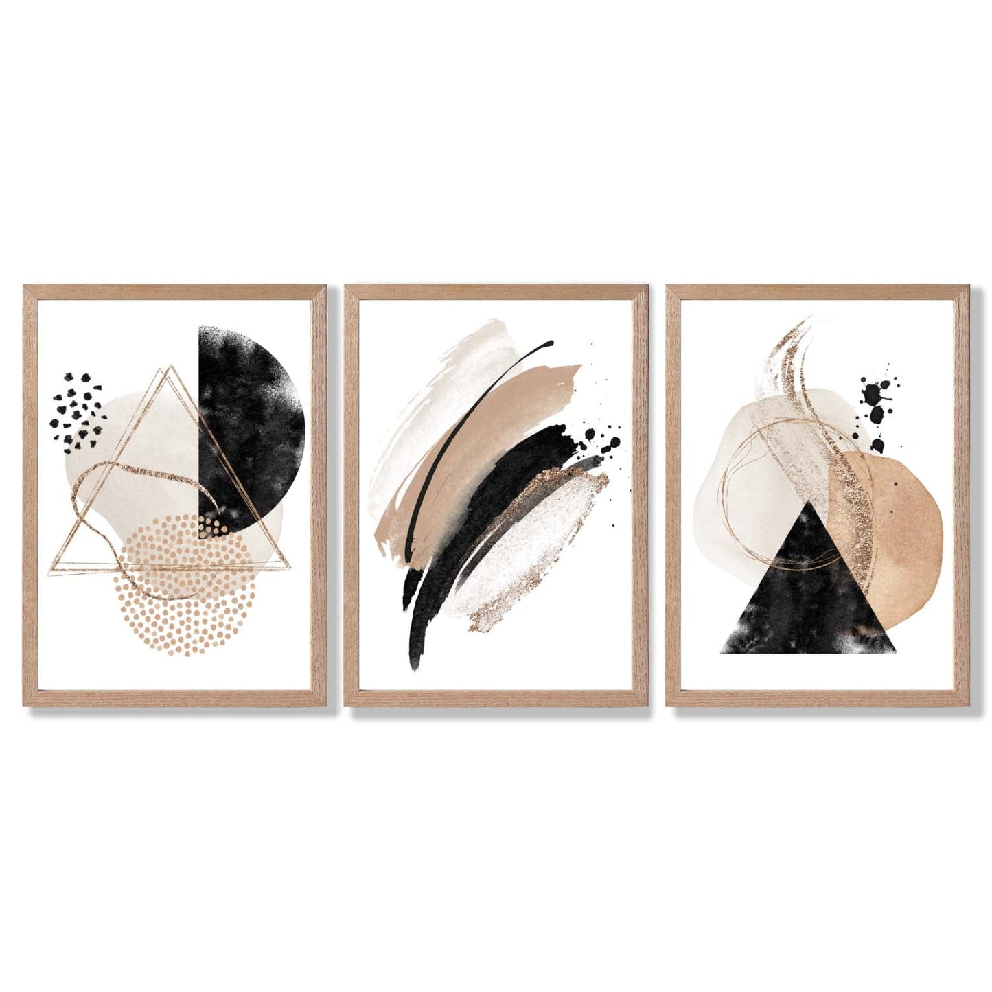Abstraktes, schwarz-beiges Set aus 3 Aquarellformen, gerahmte Wandbilder