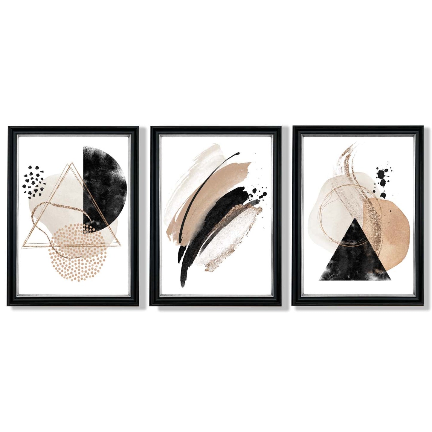 Abstraktes, schwarz-beiges Set aus 3 Aquarellformen, gerahmte Wandbilder