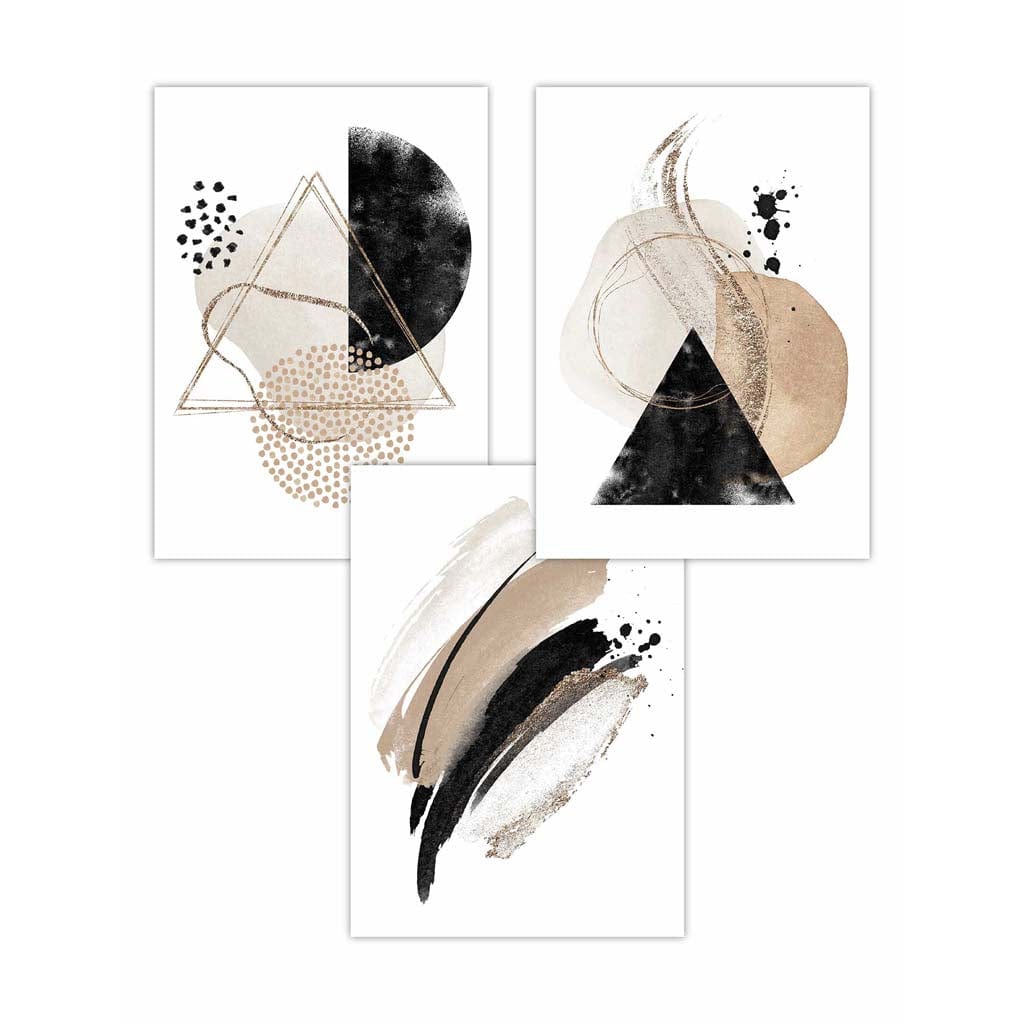Abstraktes Set aus 3 Aquarell-Kunstdrucken in Schwarz und Beige