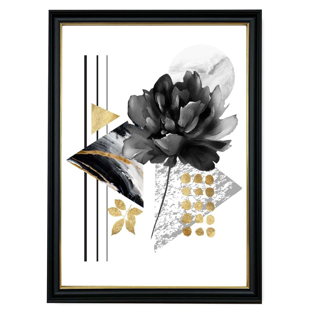 Abstraktes Blumenmotiv in Schwarz und Gold mit geometrischen Formen Nr. 1 – Wandbild