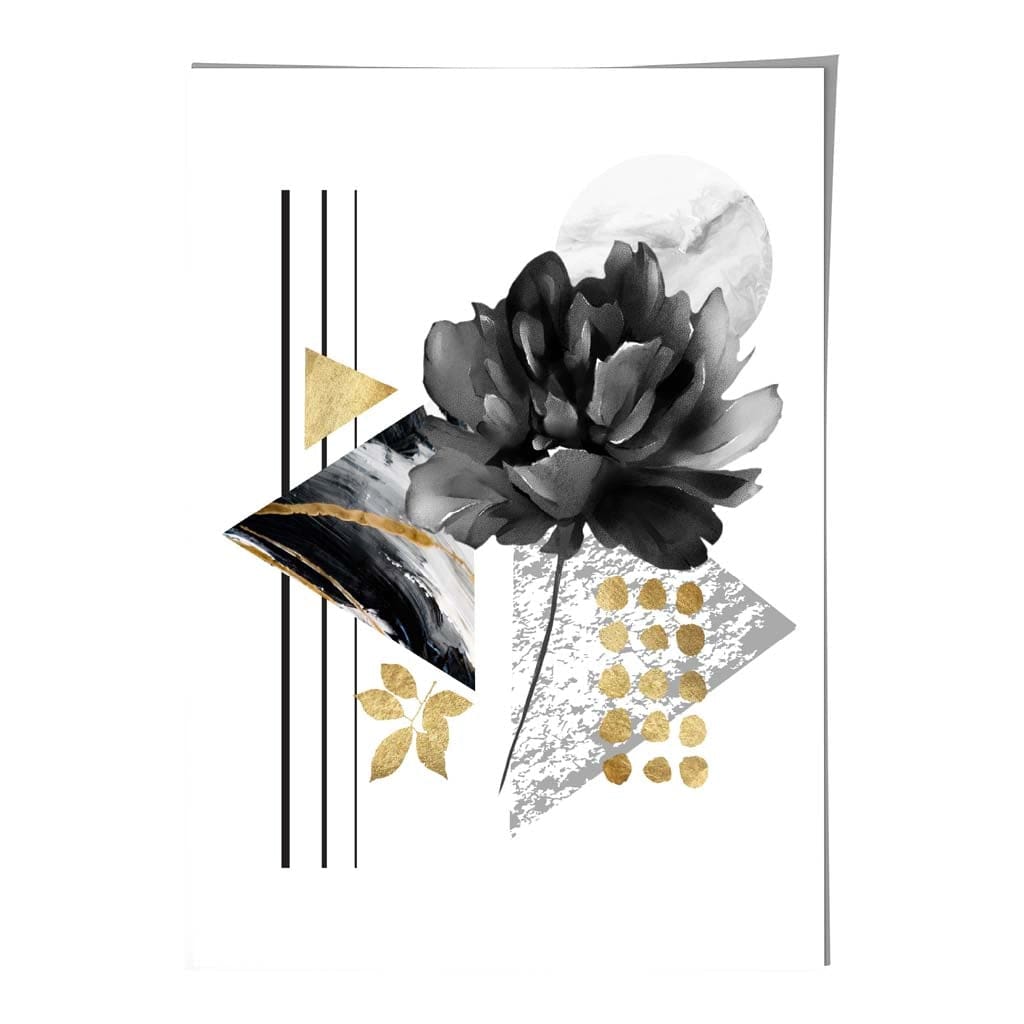 Abstraktes Blumenmotiv in Schwarz und Gold mit geometrischen Formen Nr. 1 – Wandbild