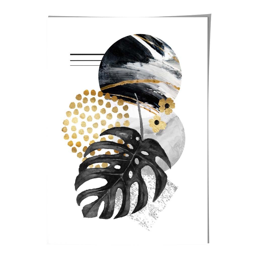 Abstraktes Wandbild mit schwarzen und goldenen Blättern und geometrischen Formen