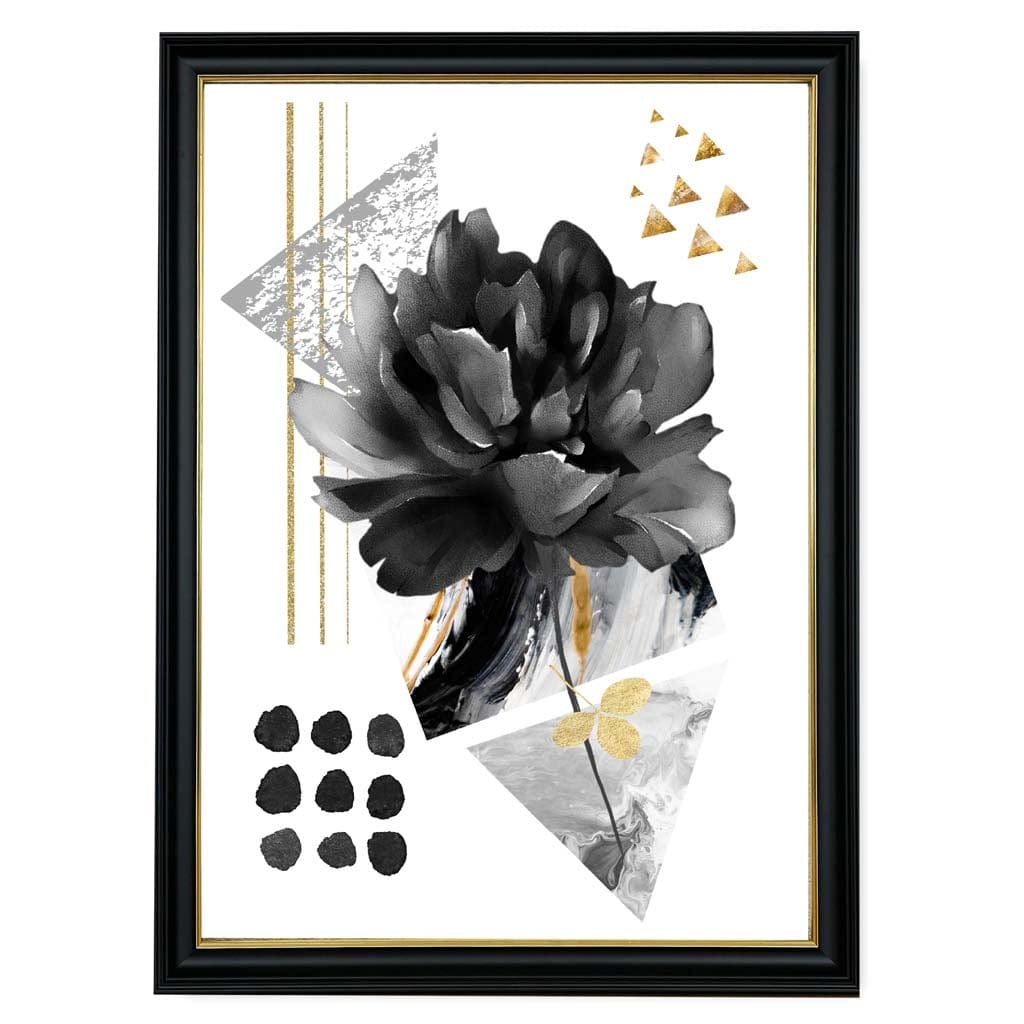 Abstraktes Blumenmotiv in Schwarz und Gold mit geometrischen Formen Nr. 2 – Wandbild