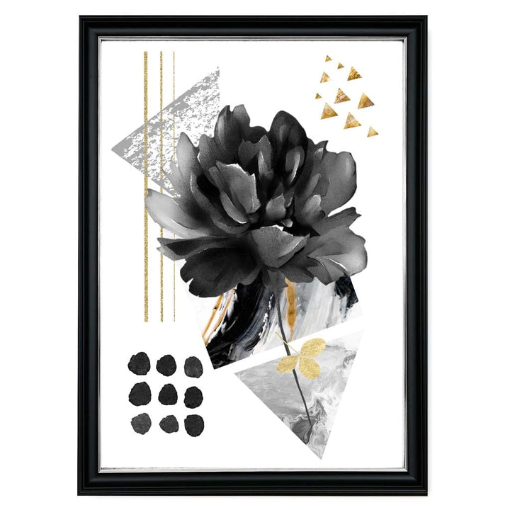 Abstraktes Blumenmotiv in Schwarz und Gold mit geometrischen Formen Nr. 2 – Wandbild