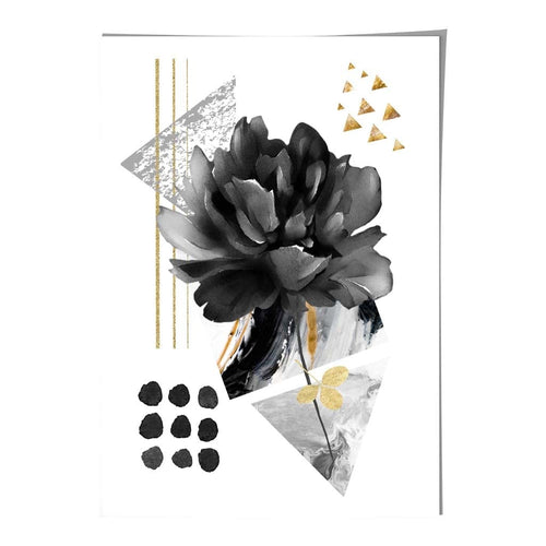 Abstraktes Blumenmotiv in Schwarz und Gold mit geometrischen Formen Nr. 2 – Wandbild