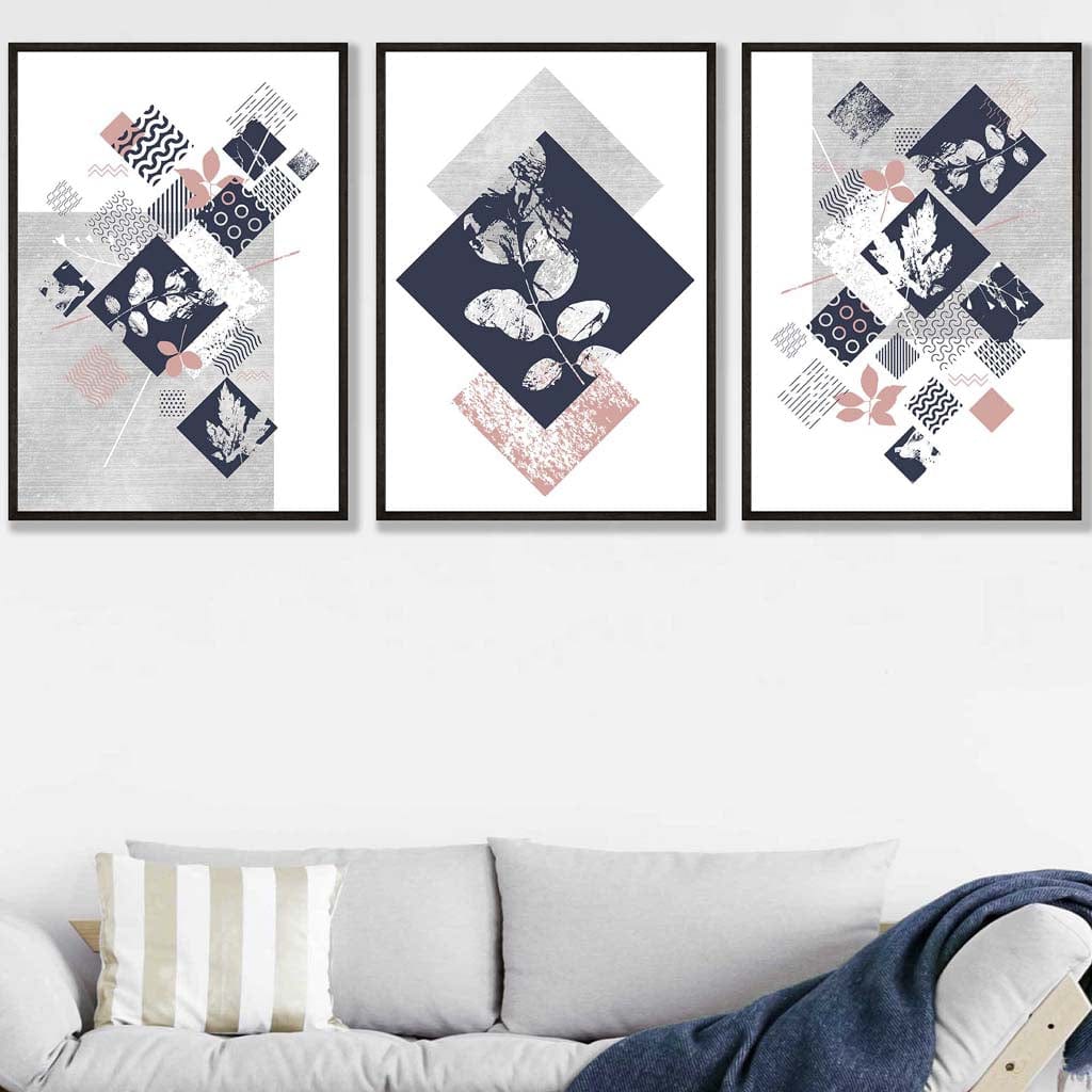 BOTANISCH Set aus 3 abstrakten geometrischen Blumendrucken in Marineblau und Rosa