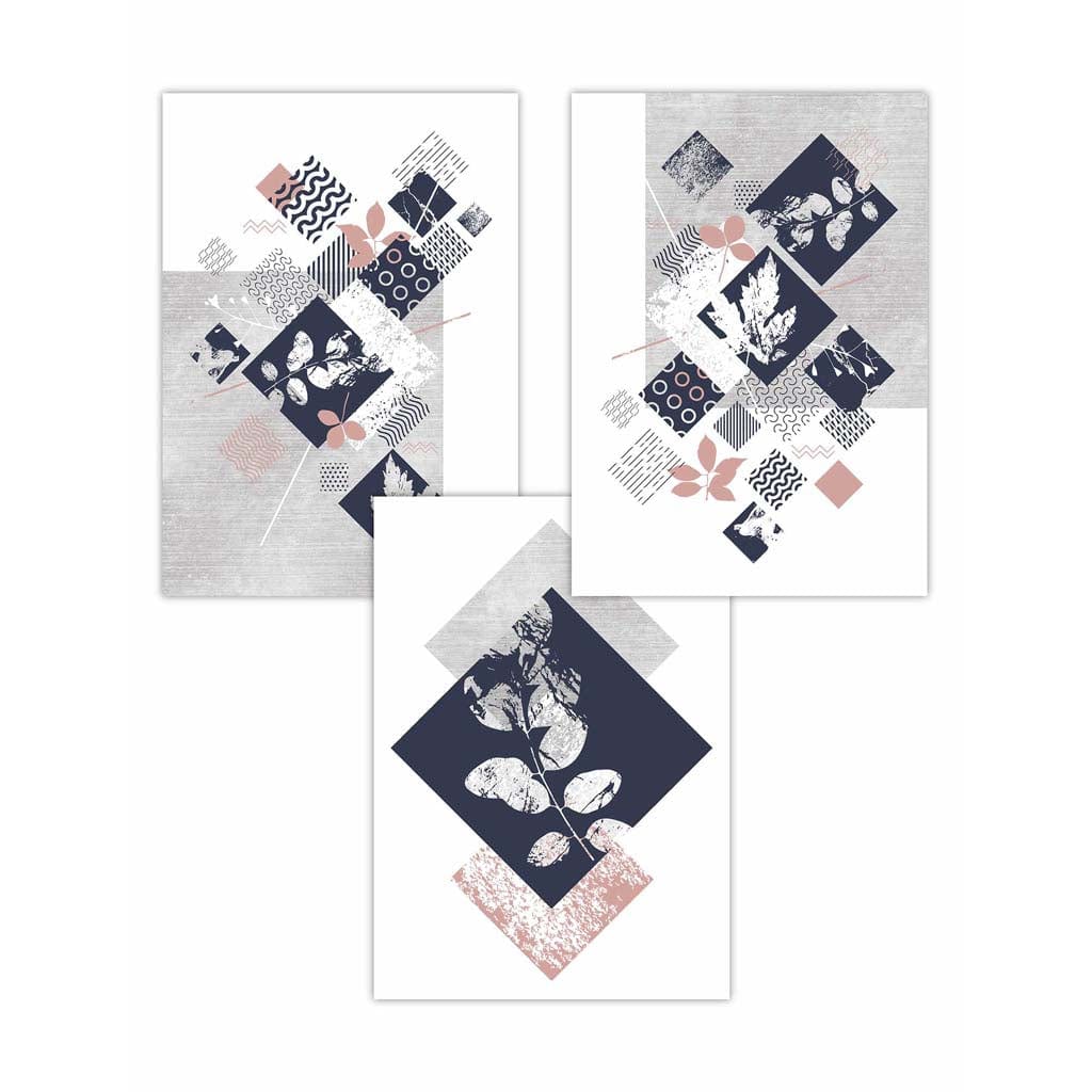 BOTANISCH Set aus 3 abstrakten geometrischen Blumendrucken in Marineblau und Rosa