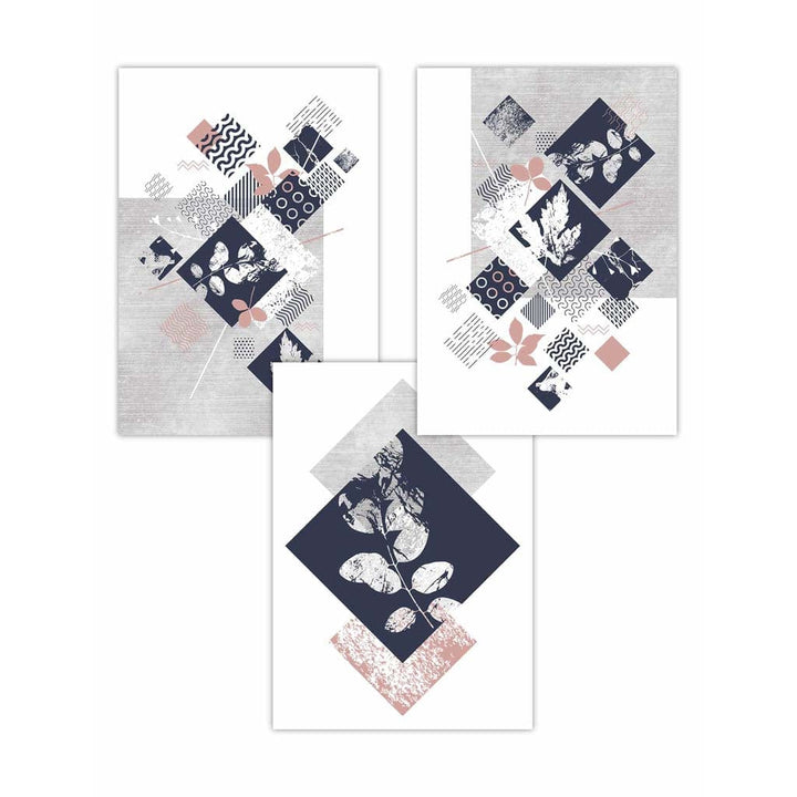 BOTANISCH Set aus 3 abstrakten geometrischen Blumendrucken in Marineblau und Rosa