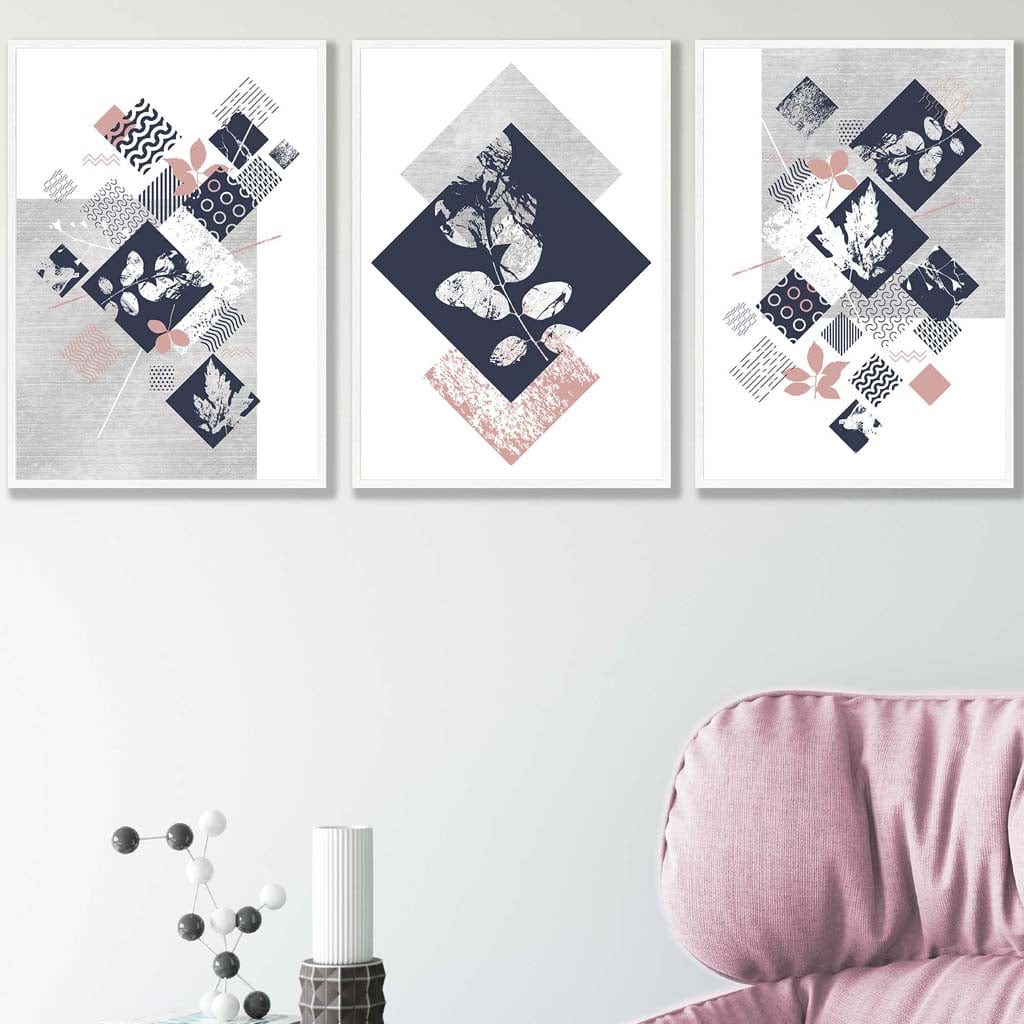 BOTANISCH Set aus 3 abstrakten geometrischen Blumendrucken in Marineblau und Rosa