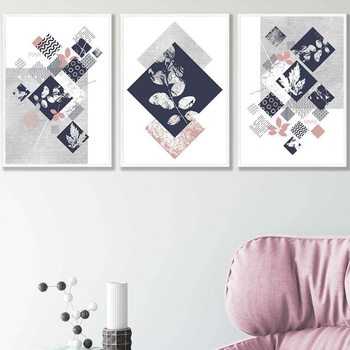 BOTANISCH Set aus 3 abstrakten geometrischen Blumendrucken in Marineblau und Rosa