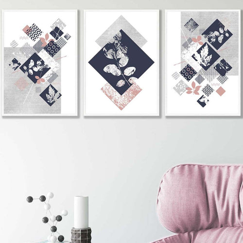 BOTANISCH Set aus 3 abstrakten geometrischen Blumendrucken in Marineblau und Rosa