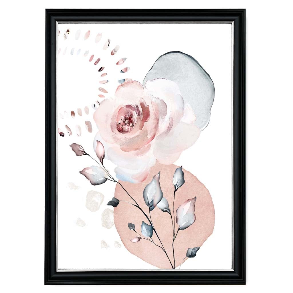 Abstraktes florales Muster mit Rosen und geometrischen Formen in zartem Rosa und Grau Nr. 1