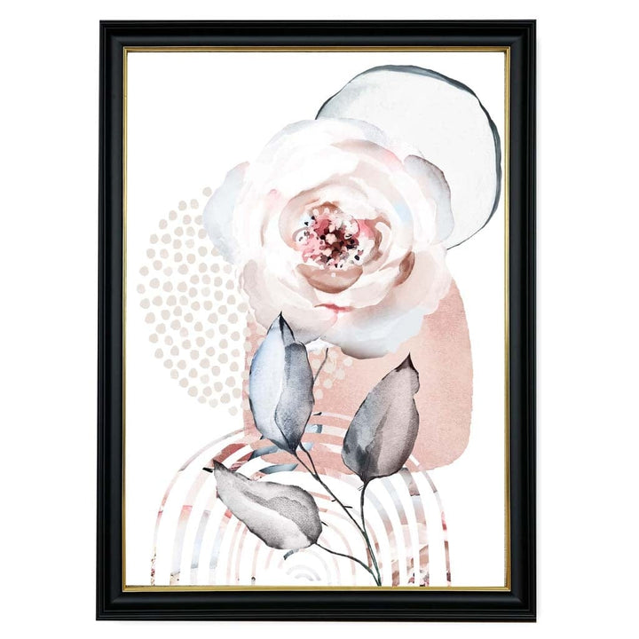 Abstraktes florales Muster mit Rosen und geometrischen Formen in zartem Rosa und Grau Nr. 2