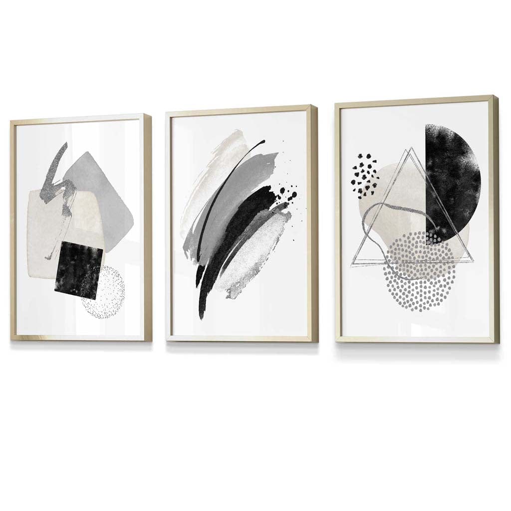 Abstraktes Set aus 3 gerahmten Kunstdrucken in Grau, Schwarz und Silber